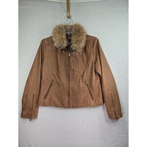ANA Leather Jacket Women's Large Brown Real Fur Collar Full Zip Bomber Y2K Soft